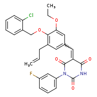 (5E)-5-({4-[(2-chlorophenyl)methoxy]-3-ethoxy-5-(prop-2-en-1-yl)phenyl}methylidene)-1-(3-fluorophenyl)-1,3-diazinane-2,4,6-trione