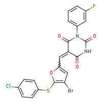 (5Z)-5-({4-bromo-5-[(4-chlorophenyl)sulfanyl]furan-2-yl}methylidene)-1-(3-fluorophenyl)-1,3-diazinane-2,4,6-trione