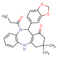 10-(2H-1,3-benzodioxol-5-yl)-14,14-dimethyl-9-propanoyl-2,9-diazatricyclo[9.4.0.0³,?]pentadeca-1(11),3(8),4,6-tetraen-12-one