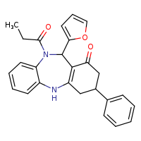 10-(furan-2-yl)-14-phenyl-9-propanoyl-2,9-diazatricyclo[9.4.0.0³,?]pentadeca-1(11),3,5,7-tetraen-12-one