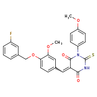 (5E)-5-({4-[(3-fluorophenyl)methoxy]-3-methoxyphenyl}methylidene)-1-(4-methoxyphenyl)-2-sulfanylidene-1,3-diazinane-4,6-dione